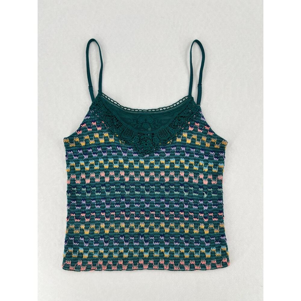 Free People Crochet Knit Cami Tank Top Teal Multicolor Lace Trim Boho Medium